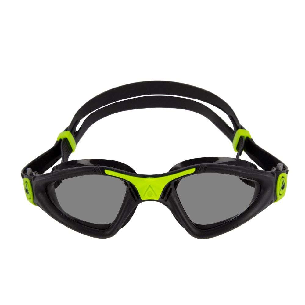 Gafas de natación Aqua Sphere Kayenne con lente sobredimensionada, montura negra y detalles verdes.